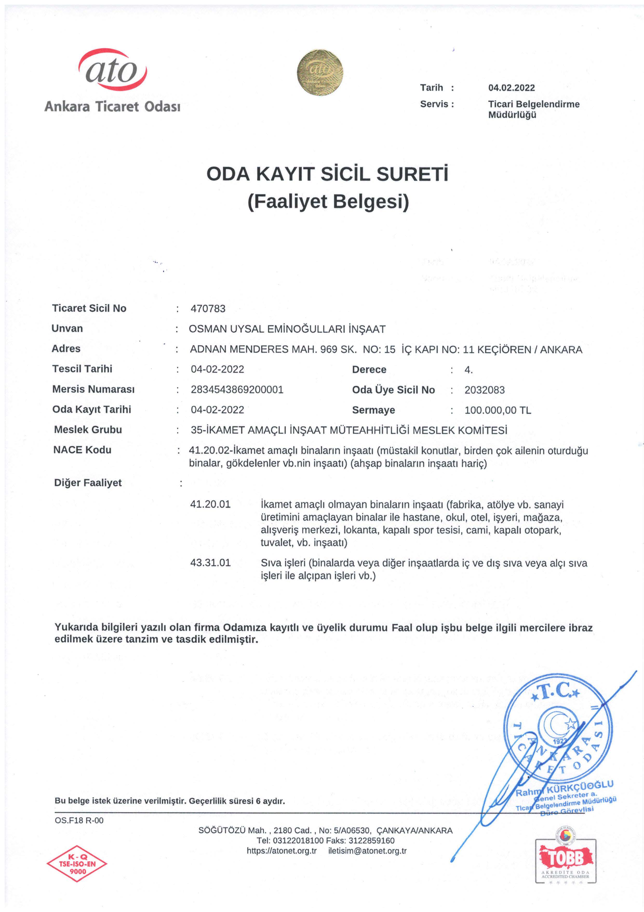 ATO FAALİYET BELGESİ